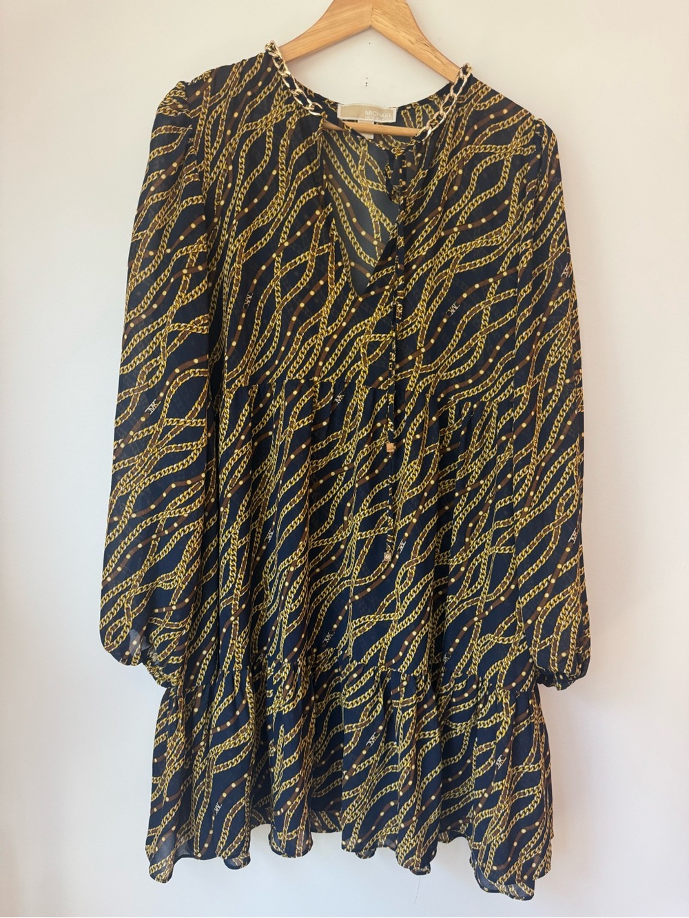 MICHAEL Michael Kors Gold Chain Link Print Tiered Chiffon Tunic Dress XL